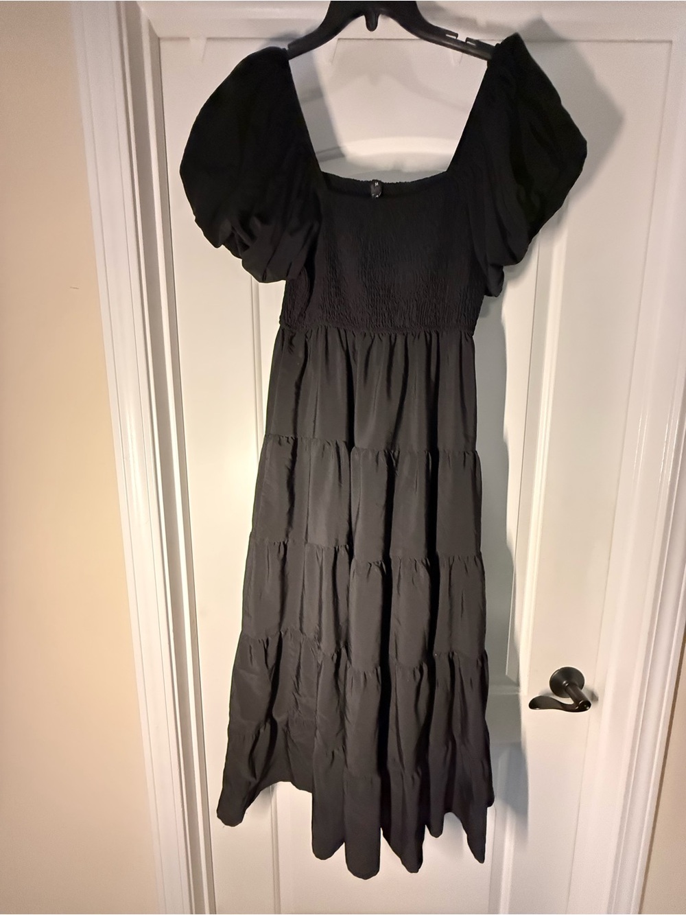Black Smocked Midi Dress with Puff Sleeves